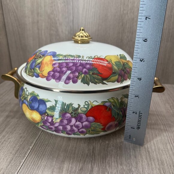 Cornucopia Enamel On Steel 3 Quart Covered Casserole Fruit Pattern Brass Handle - Picture 11 of 13